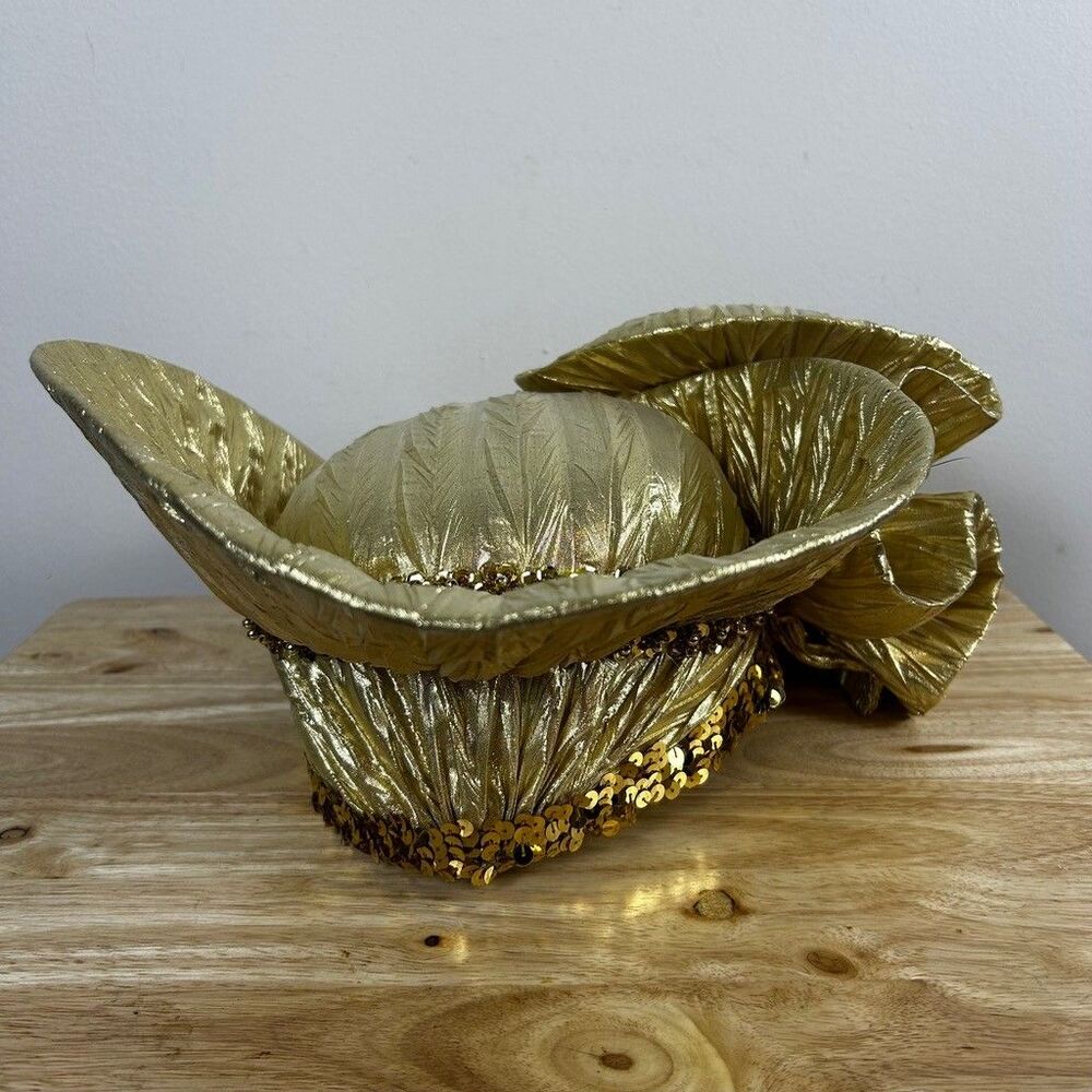 Vintage Mr Hi's Classic Gold Metallic Church Hat Wide Brim Sequin Beaded Bow